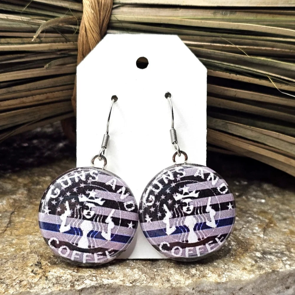 Thin Blue Line Earrings Guns & Coffee Law Enforcement Police Support Jewelry
